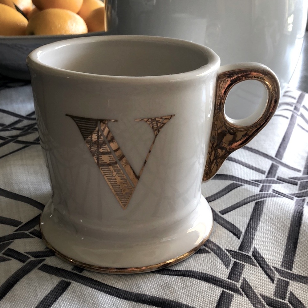 Anthropologie Bird Label “V” Gold Monogram Mug
